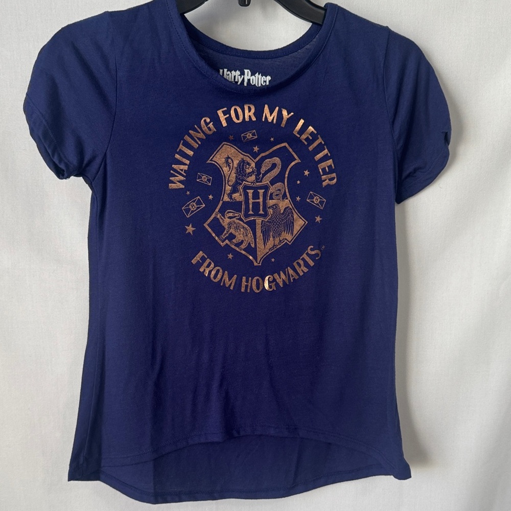 Harry Potter Navy Gold Foil Hogwarts Graphic Tee Size Medium (10/12).